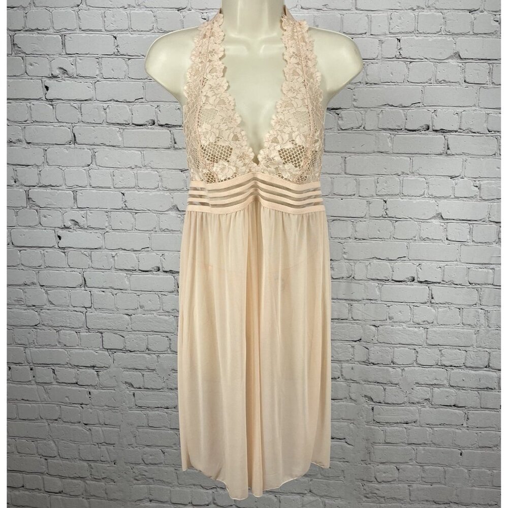 iCollection Orange Peach Lace Sheer Lingerie Chemise Tie Dress Set Size Large L